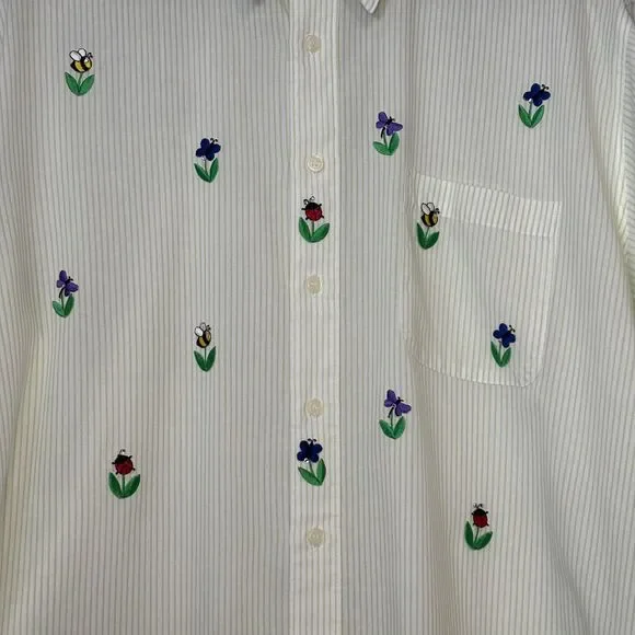 Vintage XL Lime Green Striped Button Down Embroidered Bugs Flowers Rhinestones - Picture 10 of 11